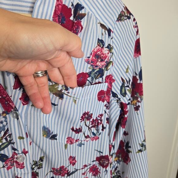IZ BYER Blue & White Striped & Burgundy Floral Blouse Size XS - Picture 6 of 10